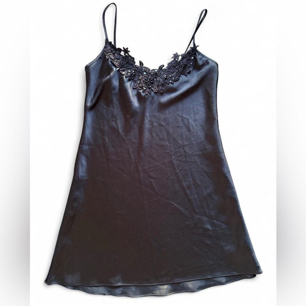 Vintage Black Satin Slip Chemise w/ Floral Lace Trim & Beading, Size Small